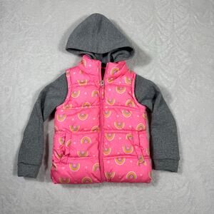 Pink Platinum Girls 5/6 2fer Hooded Puffer Jacket Gray Rainbow Pattern Outerwear